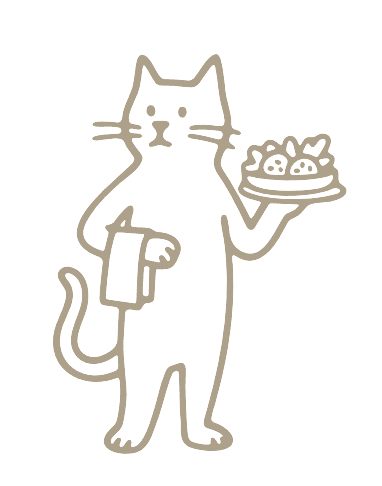 Ilustración de un gato mozo sosteniendo una bandeja